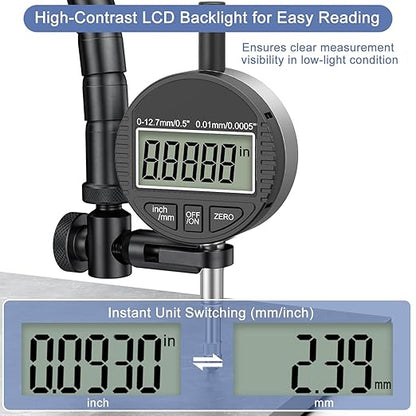 HDLNKAK Electronic Digital Dial Indicator Gauge 0-12.7mm/0.5” Inch/Metric Conversion, High Precision Probe with 0.01mm/0.0005” Resolution for Testing.