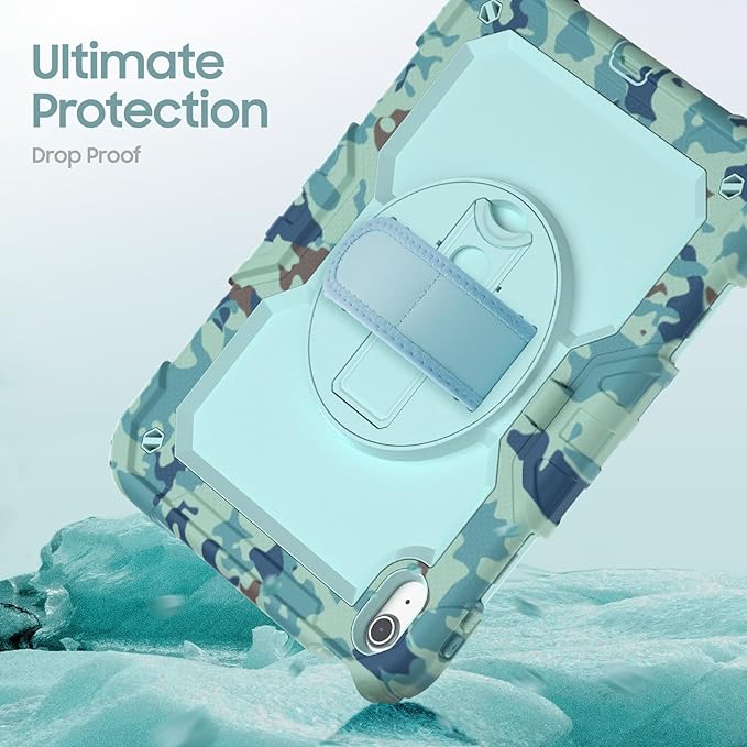 SCSVPN Kids Case for iPad (A16) 11th/10th Generation 11/10.9 inch 2025/2022, Shockproof Rugged Cute Rainbow Cover for iPad 11/10 with Pencil Holder, 360 Rotating Stand, Hand/Shoulder Strap, Camo Blue
