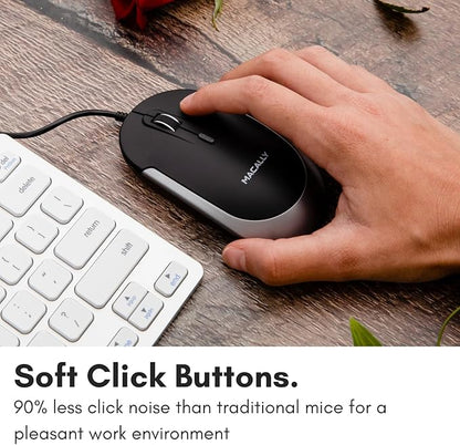 Macally Silent Wired Mouse - Slim & Compact USB Mouse for Apple Mac or Windows PC Laptop/Desktop - Designed with Optical Sensor & DPI Switch - Simple & Comfortable Wired Computer Mice (Space Gray)