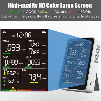 Professional Indoor Air Quality Monitor with AQI Alarms, Portable Real-Time Detector for Home Cars Plants and Pets (Cold White)