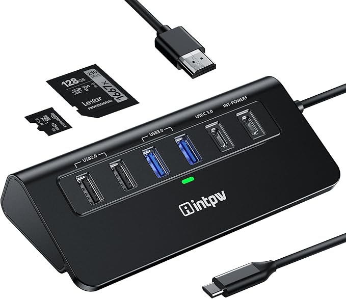 USB C Hub, intpw 9-in-1 USB Multiport Adapter with 4K HDMI, PD 100W, USB-C and 2 USB A 3.0 5Gbps, 2 USB A 2.0, SD/TF Slots for MacBook Pro/Air, iPad Pro, iPhone 15/16 Series