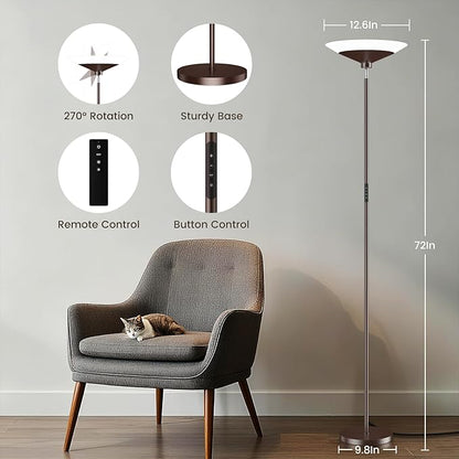 SIBRILLE Brown Torchiere Floor Lamp - 30W Dimmable LED Standing Lamp with Remote, 4 Color Temps, Stepless Dimming, 3000-6500K, 1800LM, 72in Tall Floor Light for Office Bedroom Living Room Corner