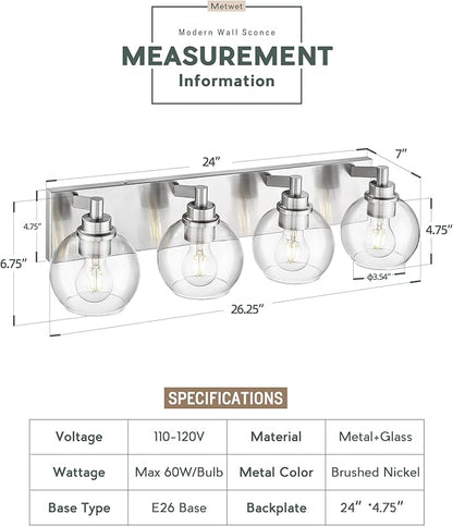 METWET Bathroom Light Fixtures, 4 Light Brushed Nickel Vanity Light, 26 Inch Modern Wall Sconces with Globe Clear Glass Shade, Vanity Lighting Fixtures Over Mirror, VL195-BN-CL-4