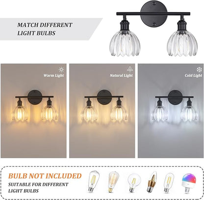 Shenmoyl Bathroom Light Fixtures, 2-Light Black Vanity Wall Light Over Mirror with Clear Tulip Glass Shade for Bedroom Living Room (Bulb Not Included)