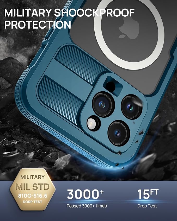 Lanhiem Magnetic for iPhone 15 Pro Max Case, IP68 Waterproof Dustproof Case, [Compatible with Magsafe] [Built-in Screen Protector] Full Body Heavy Duty Rugged Phone Cover 6.7 inch, Blue/Clear
