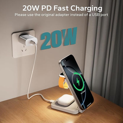 Eazpower 3 in 1 Foldable Wireless Travel Charging Station for MagSafe, Nightstand Magnetic Charger Stand for iPhone 17 16 15 14 Pro Max, Charging Dock with Night Light for Apple Watch/AirPods (White)