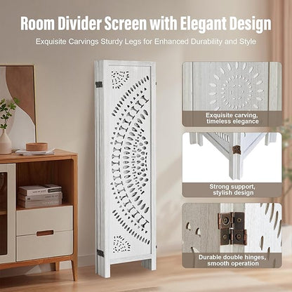 ALeesing 6 Panel Wood Room Divider Fully Assembled, Decorative Room Dividers and Folding Screens, 5.6Ft Room Divider Screen Freestanding Partition Wall Dividers for Home Bedroom Office, White