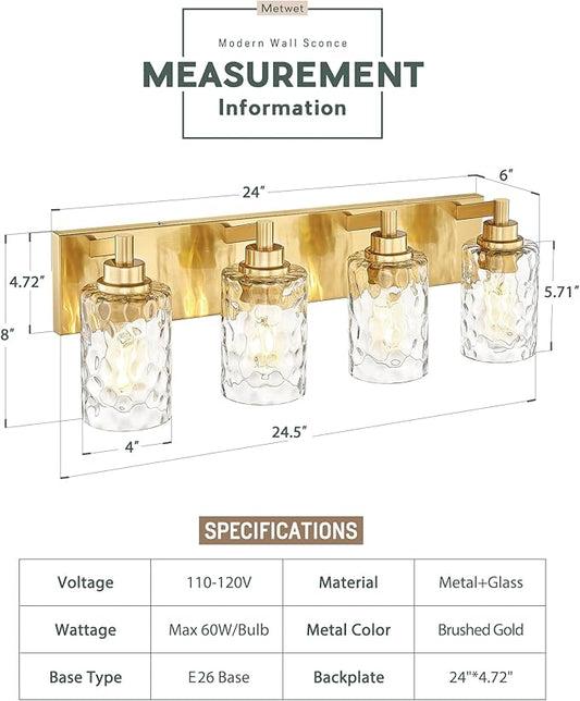 METWET 4-Light Bathroom Light Fixtures, 24.5 Inch Brushed Gold Vanity Lights with Clear Hammered Glass Cylinder Shade, Modern Vanity Lighting Fixture Over Mirror, VL198-BG-4