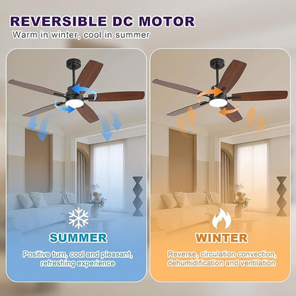 ARTPLAN 52" Ceiling Fan with Light and Remote, Noiseless DC Motor & Reversible Blades - Flush Mount LED Ceiling Fan for Bedroom, Living Room, Dining Room,Black