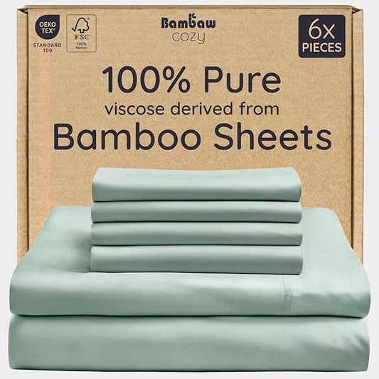 Bambaw 100% Viscose Derived from Bamboo Sheets Queen Size Set – 6pcs Deep Pocket Cooling Queen Sheets, Fits Up to 16'' with Elastic Corner Straps, Buttery Soft & Breathable (Sea Glass)