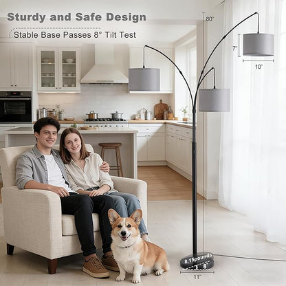 Fansdrick Floor lamp with Remote, 3 Light Arc Floor Lamps for Living Room, 2400LM Tall Standing Floor Lamps with Gray Shades, 80" Large Floor Lamp for Bedroom, Office