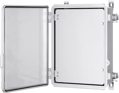 Gratury Junction Box, IP67 Waterproof Plastic Enclosure for Electrical Project, Hinged Grey Cover, Includes Mounting Plate and Wall Bracket (Transparent Cover with Inner Door, 14.6"×10.6"×5.9")