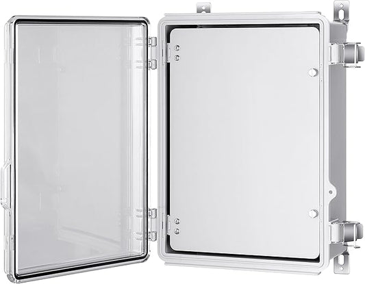 Gratury Junction Box, IP67 Waterproof Plastic Enclosure for Electrical Project, Hinged Grey Cover, Includes Mounting Plate and Wall Bracket (Transparent Cover with Inner Door, 14.6"×10.6"×5.9")