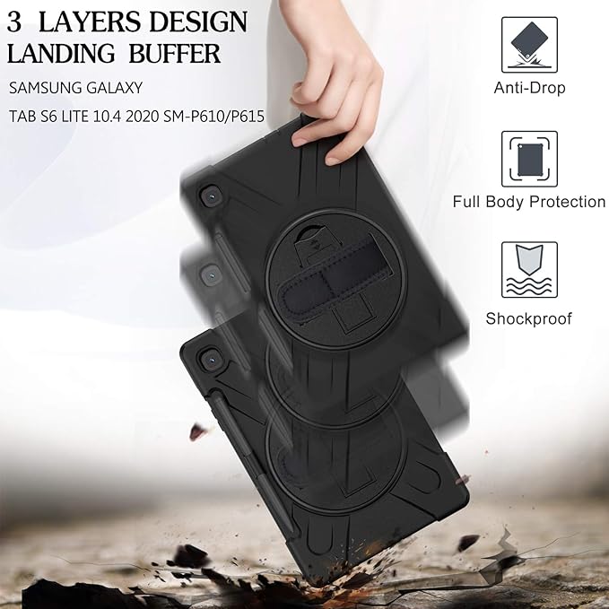 BRAECN for Samsung Galaxy Tab S6 lite Case 10.4 inch 2024/2022,Rugged Shockproof Case with 360 Rotating Hand Strap&Kickstand, Shoulder Strap, S Pen Holder for Samsung Galaxy Tab S6 Lite Tablet -Black