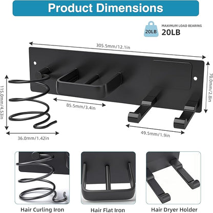 Dovyn Blow Dryer Holder Wall Mount, 3 in 1 Bathroom Hair Tool Organizer with Curling Iron Holder & Flat Iron Holder, Universal Hair Dryer Holder Rack Storage Matte Black