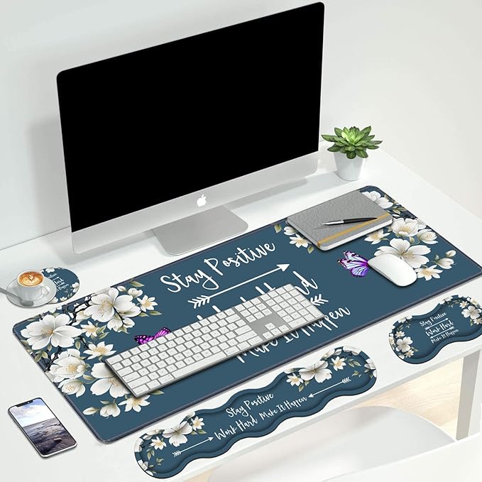 4 in 1 Ergonomic Keyboard Wrist Rest & Mouse Pad Wrist Rest Set,Stay Positive Work Hard and Make It Happen Inspirational Quote Large XXL Gaming Desk Mat with Non-Slip Base for Home Office Study Gaming