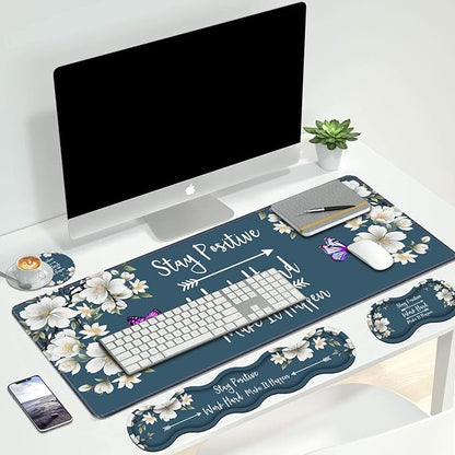 4 in 1 Ergonomic Keyboard Wrist Rest & Mouse Pad Wrist Rest Set,Stay Positive Work Hard and Make It Happen Inspirational Quote Large XXL Gaming Desk Mat with Non-Slip Base for Home Office Study Gaming