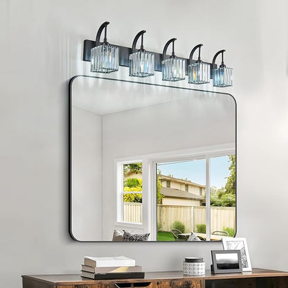 FDPBY 5-Light Crystal Vanity Light, Modern Black Bathroom Wall Sconce with K9 Crystal Shades, 42.51" Long Over Mirror Lighting for Vanity, Makeup, Hallway, Elegant & Easy Installation
