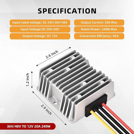 ikkwmei DC-DC Professional 48V 36V to 12V Voltage Regulator, 240W 20A for Golf Cart Converter, Waterproof DC Convert Regulator Transformer with Fuse