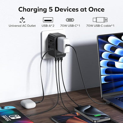 MOMAX Universal Travel Adapter, International Power Plug Adapter with 1 USB C (PD 70W), 2 USB A Ports, 1USB-C Cable (PD 70W), All-in-One Worldwide Wall Charger for USA European UK AUS (Type C/G/A/I)