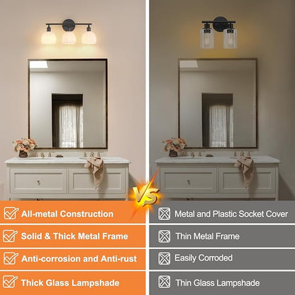 Shenmoyl Bathroom Light Fixtures, 3-Light Black Vanity Wall Light Over Mirror with White Tulip Glass Shade for Bedroom Living Room (Bulb Not Included)