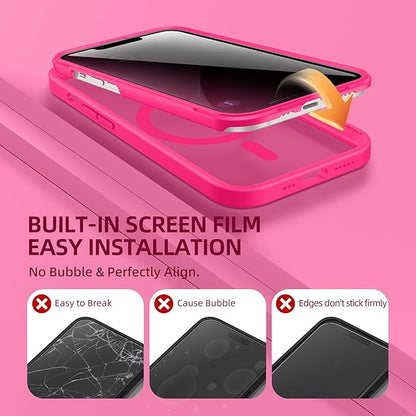 BERFY Magnetic for iPhone 14 Case, Compatible with MagSafe, Built-in Privacy Screen Protector and Upgraded Camera Protection, Anti-Spy Full Body Shockproof Phone Case for 14 6.1", Hot Pink