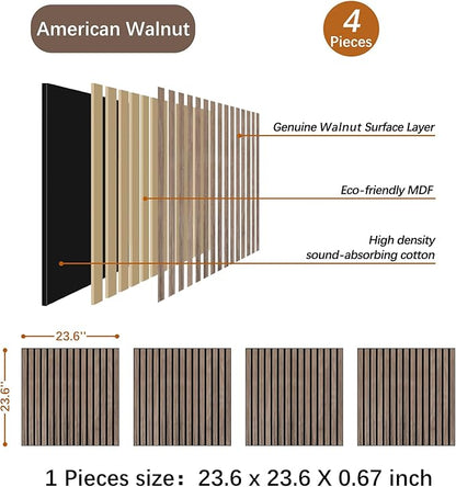 ARMURO Wood Slat Wall Panel - 4 PCS Walnut Wood Panels for Wall, Natural Wood Veneer Acoustic Slat Wood Wall Panels - Wood Slats for Wall Soundproof Wood Panels 23.6" W x 23.6" L