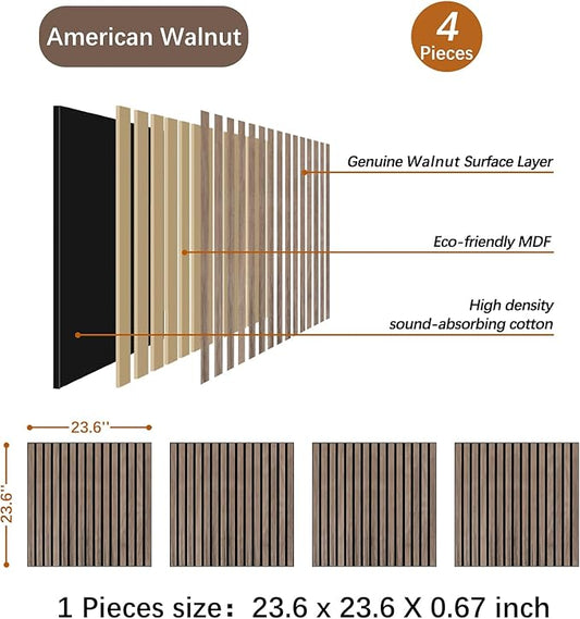 ARMURO Wood Slat Wall Panel - 4 PCS Walnut Wood Panels for Wall, Natural Wood Veneer Acoustic Slat Wood Wall Panels - Wood Slats for Wall Soundproof Wood Panels 23.6" W x 23.6" L