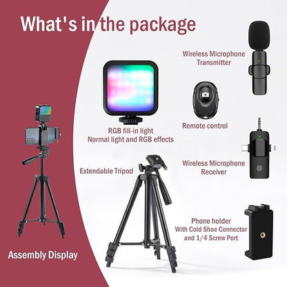 Vlogging Kit for iPhone,YouTube Starter Kit,Youtuber Kit Beginner Content Creator Essentials Kit for Android Phone,Vlogging Camera Kit with Extendable Tripod/Wireless Microphone/RGB Fill-in Light