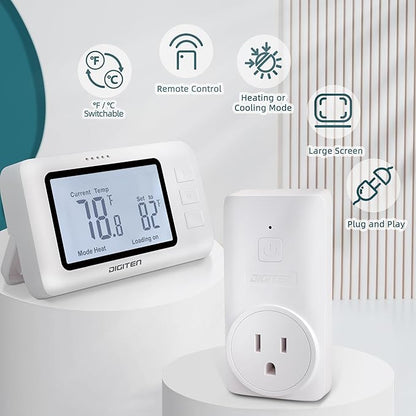 DIGITEN Wireless Thermostat WTC100 Pro Temperature Controller for Cooling & Heating, Remote Controlled Outlet, Easy-to-Use and Non-Programmable Plug in Thermostats for Home