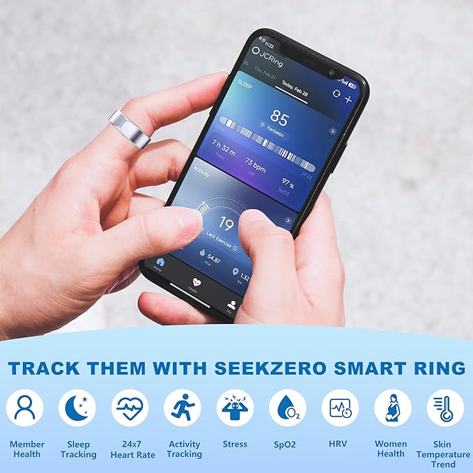 SEEKZERO Smart Ring for Women Men, Titanium Fitness Ring with Heart Rate, Stress & Sleep Monitoring,Step & Calorie Counter, 5ATM Waterproof for iPhone and Android,No Subscription Fee(Silver, 12)
