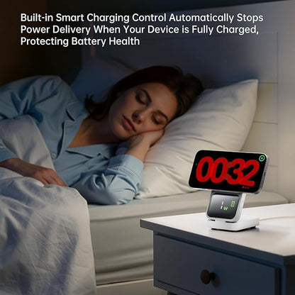 GUSGU MagTime 3 in 1 Wireless Charging Station with Real-Time Power and Time Display, Foldable Wireless Charger Stand, Compatible with iPhone 16/15/14/13/12, iWatch S1-10/Ultra, AirPods-White