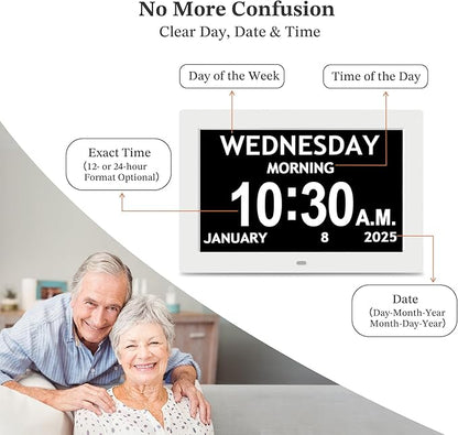 10.1'' Digital Clock, 1280*800p HD Extra Large Display, Dementia Clock For Seniors, 10 Reminders & 6 Alarms, Auto Dimming & DST, Remote Control, Digital Clock With Date, Time, Day Of Week, White