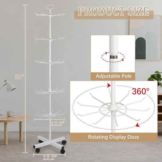 Exttlliy 5-Tier Metal Spinning Display Stand Rack with Wheels, Keychain Jewelry Stocking Hat Display Stand, White