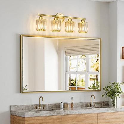 FDPBY Modern 4 Light Crystal Vanity Light, Gold Vertical Bathroom Light Fixture Over Mirror for Dressing Table Sink, Compatible with Dimmable Bulbs (Bulbs Not Included)