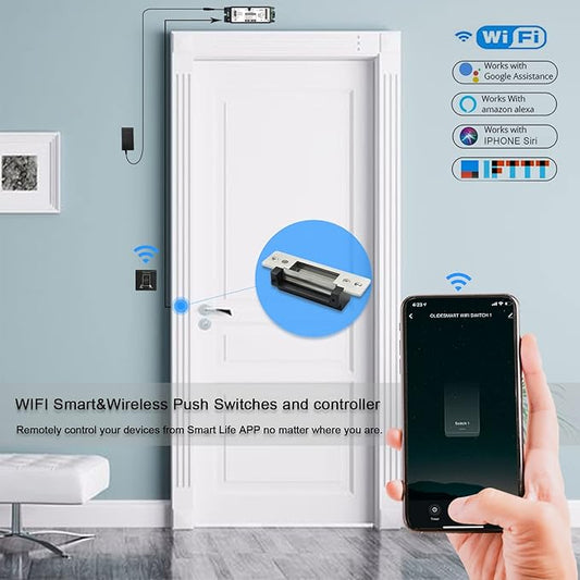 WiFi Access Control 400lb Holding Force Electic Magnetic Door Lock System Kit with Remote and Smartphone app Control, paired with Wireless Push Panel Switch (Electric Strike Lock kit)