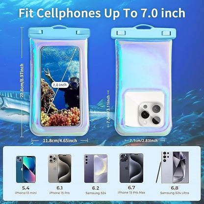 Floatable Waterproof Phone Pouch Case for iPhone 16 Pro Max/15/14/13/12, IP68 Travel Cellphone Waterproof Phone Pouch, Iridescent Blue,1 Pack
