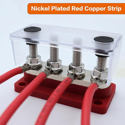 AMOMD 300A Bus Bars 4 Terminal Studs (3/8 inch) M10 Nickel Plated Copper Distribution Block Negative Electrical Buss Bars 12-48 V DC with Cover for Trailer Marine Boat Car RV (Red)