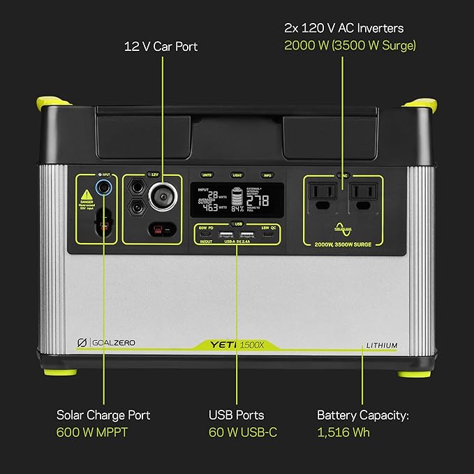 Goal Zero Yeti Portable Power Station - Yeti 1500X w/ 1,516 Watt Hours Battery Capacity, USB Ports & AC Inverter - Rechargeable Solar Generator for Camping, Travel, Outdoor Events, Off-Grid & Home Use