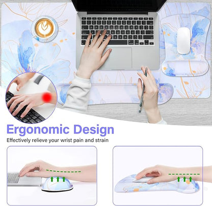 MOSISO Desk Pad Mat Keyboard Mouse Pad Set, Large Gaming Mouse Pad&Keyboard Wrist Rest&Mouse Pad with Wrist Rest&Coaster, Ink Petals Ergonomic Non-Slip Mousepad with Memory Foam for Home Office,Blue