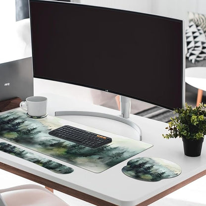Britimes Green Ink Style Mountain Forest Keyboard Mouse Pad Set 4in1 Large Mousepad+Keyboard Wrist Rest+Mouse Wrist Rest+Coaster Set with Ergonomic Design for Home Office Computer 35.4x15.7 inches