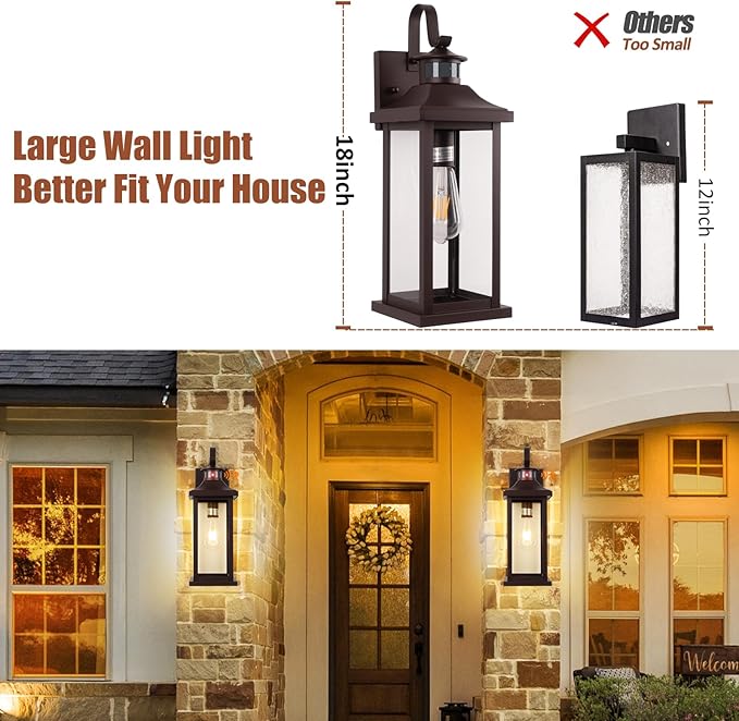 Roravilila 1-Pack 18 Inch Oil Rubbed Bronze Motion Sensor Outdoor Wall Lantern IP65 Waterproof, Large Brown Dusk to Dawn Outdoor Light for House Clear Glass Outside Wall Mounted Lamps Front Door