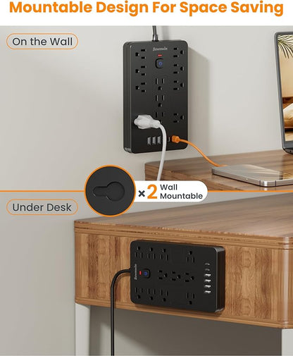Bawmwim Surge Protector Power Strip - 11 Outlets(1850W/15A) with 6 USB Ports(2 USB C), 6FT Flat Plug Extension Cord, Wall Mount, Black, ETL Listed for Home, Dorm Room