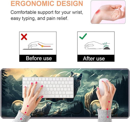 Ergonomic Keyboard Wrist Rest & Mouse Pad Wrist Rest Set, Large XXL Gaming Desk Mat 31.5"x 11.8" with Non-Slip Base, Memory Foam, Easy Typing Pain Relief for Home & Office, White Wolf