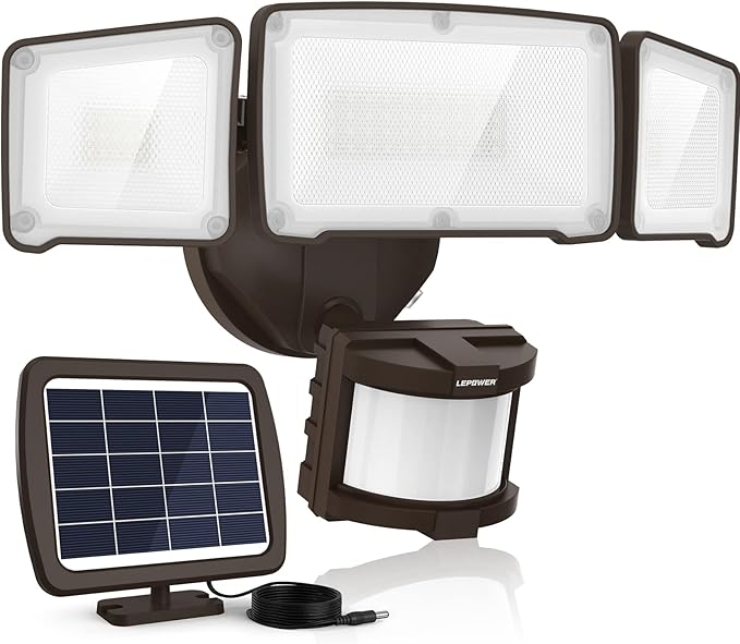 LEPOWER 1600LM LED Solar Security Lights Motion Outdoor, 5500K White Light, IP65 Waterproof Outdoor Flood Solar Light for Yard, Garage（Brown）