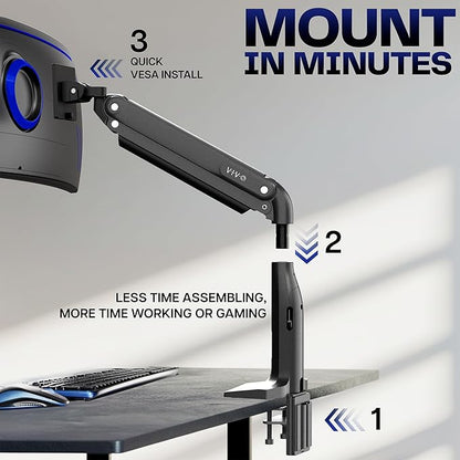 VIVO Aluminum Ultrawide Monitor Stand, Classic + USB, Fits up to 49 inch Screens, Single Articulating Pneumatic Arm, USB Ports, C-Clamp and Grommet Desk Mount, Max VESA 200x100, Black, STAND-V100HU