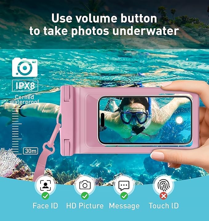 Waterproof Phone Pouch,with Inside Card Bag, Large Waterproof Case for iPhone 16 15 14 13 Pro Max,IPX8 Certified and Lightweigt Cellphone Dry Bag Beach Cruise Ship Essentials, 1 Pack-Pink-8.3″