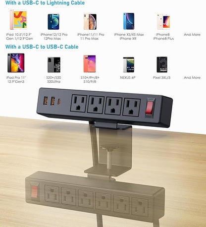 Desk Clamp Power Strip with PD20W USB-C, 2 in 1 Dual Layer Under Desk Power Strip, Removable Clamp Power Socket with 10AC Outlets & Switch, 10ft Extension Cord(ETL Listed)