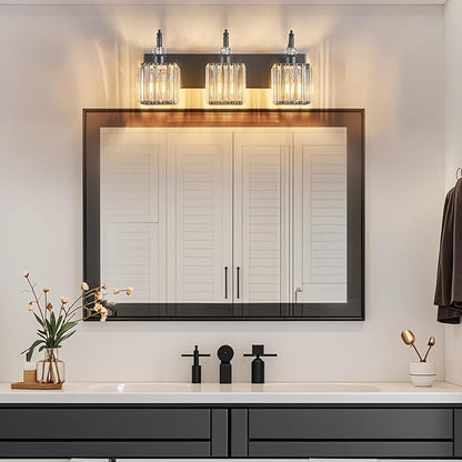 BBLLWJ Modern Bathroom Vanity Light 3-Light Black Crystal Light Fixtures Over Mirror for Bathroom Wall Sconce