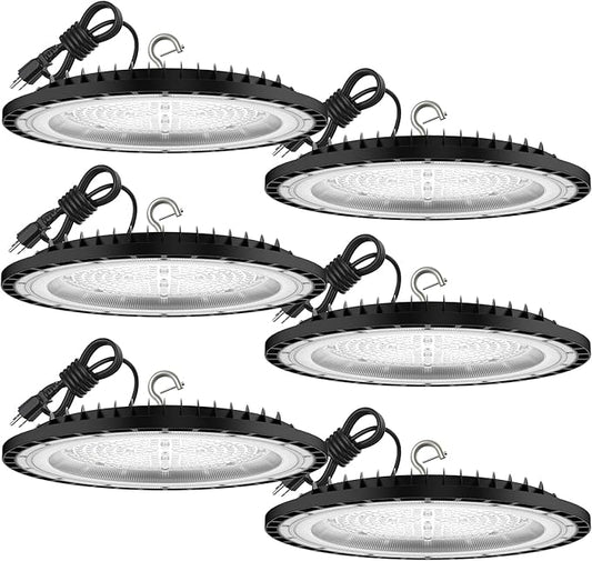 SOUTHLEVY 6 Pack UFO 200W LED High Bay Light,5000K,28,000LM, 5 ft Cable with US Plug UL Certified Plug, IP65 Commercial Warehouse Area Light for Wet Location Area, Workshop, Garage